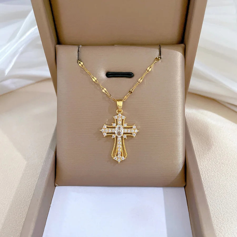 Elegant Women's Cross Necklace Choker Chain Titanium Steel Luxurious Versatile Fashion Jewelry Accessory