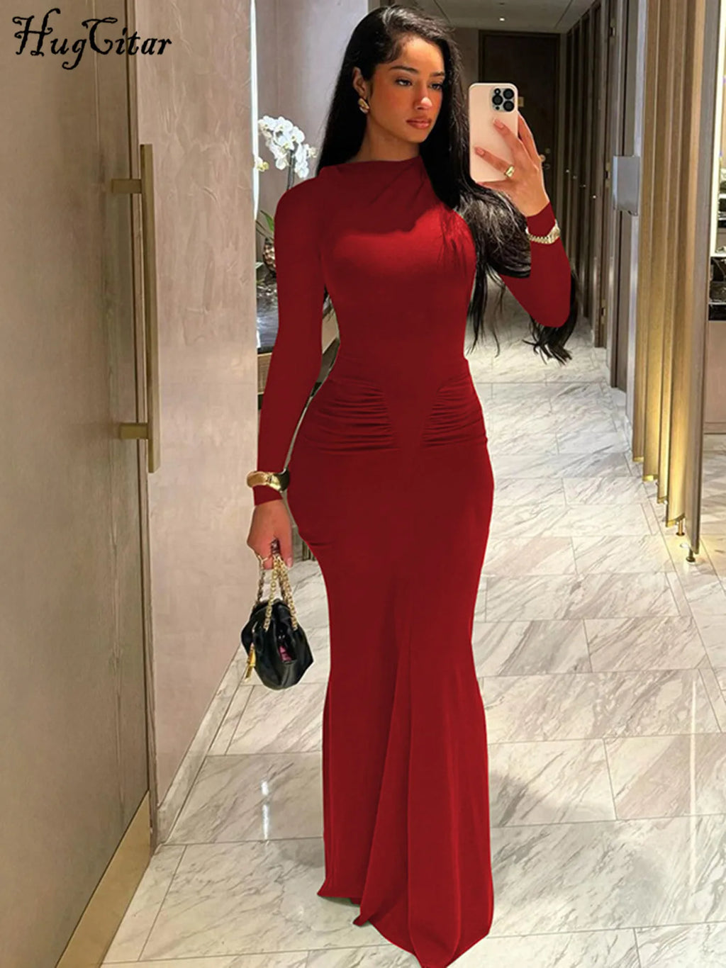 Hugcitar Autumn Solid Long Sleeve Draped Sexy Bodycon Maxi Prom Dress Women Fashion Y2K Outfits Evening Party Festival Club