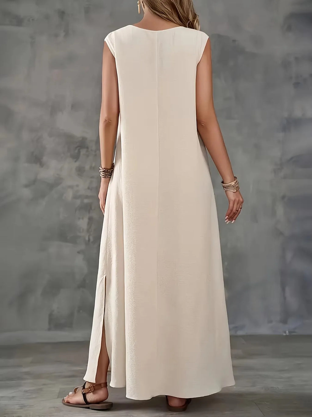 [Elegant Sleeveless Dress] White Polyester Elegant V-Neck Sleeveless Maxi Dress for Women | Split Front, Tassel Detail, Perfect