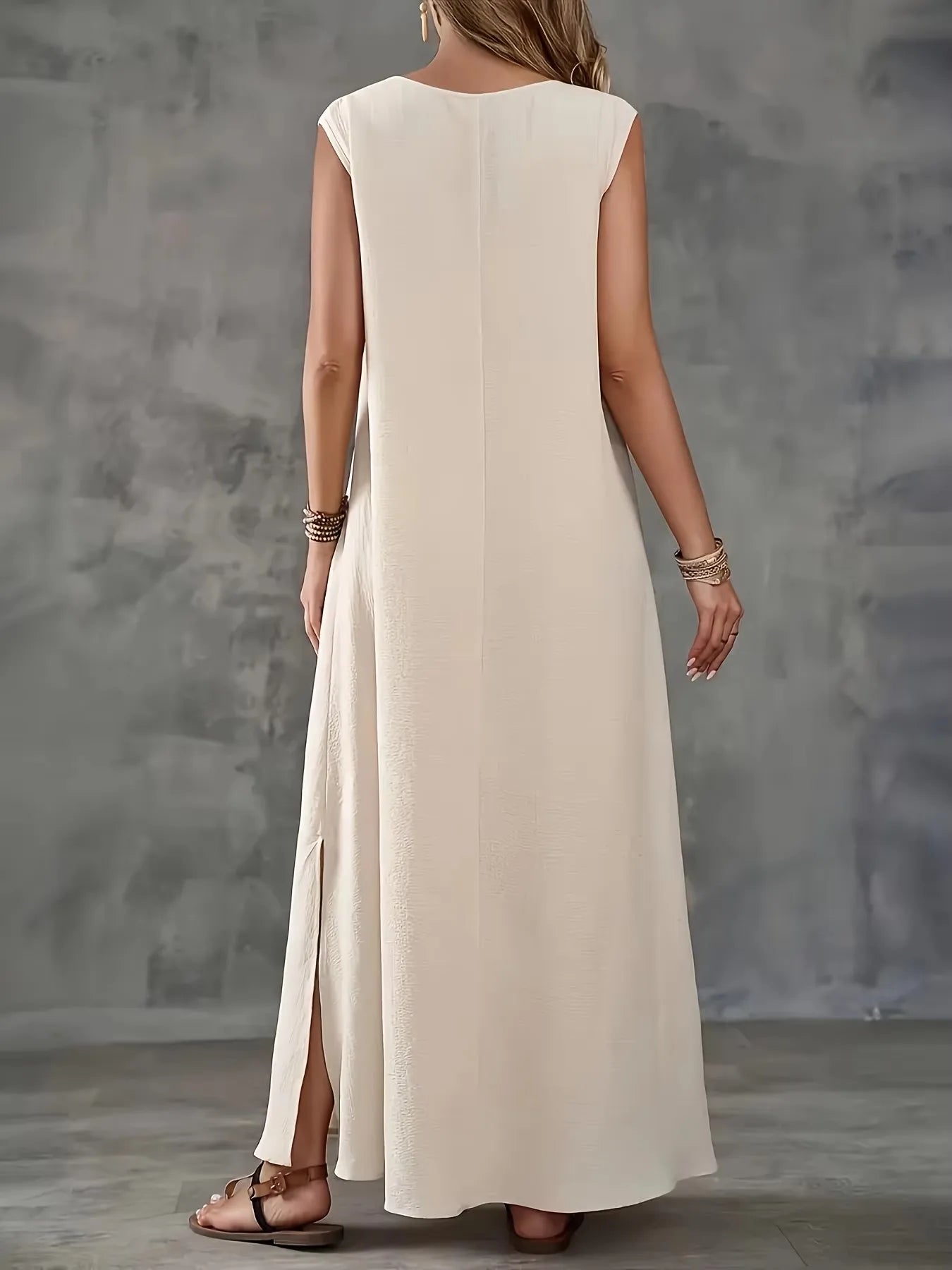 [Elegant Sleeveless Dress] White Polyester Elegant V-Neck Sleeveless Maxi Dress for Women | Split Front, Tassel Detail, Perfect