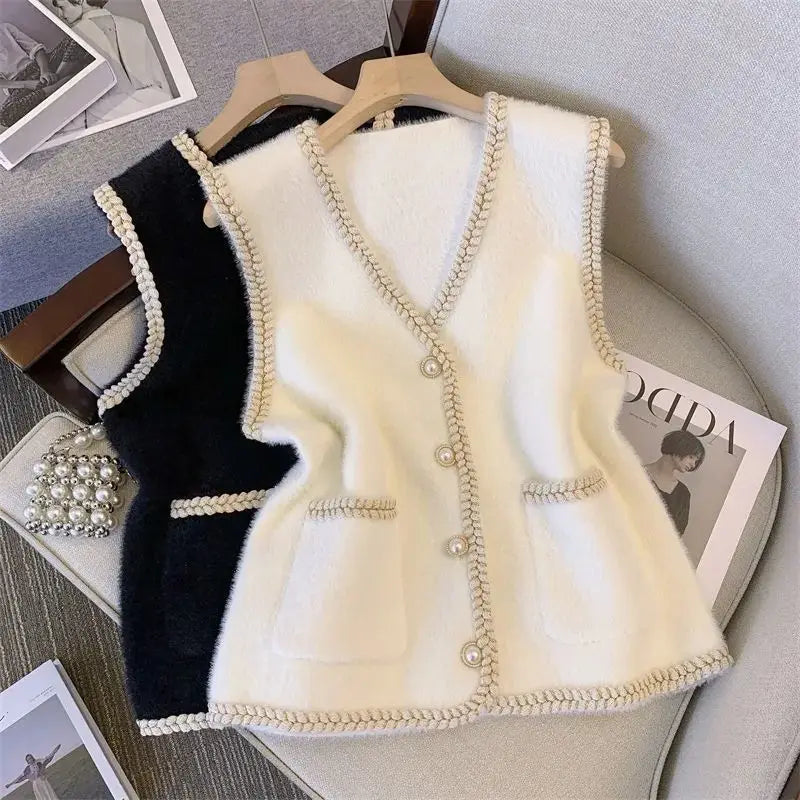 Women's Clothing Temperament Knitted Vest Cardigan Autumn/Winter Elegant Pockets Sweater Lady Basic V-neck All-match Button Tops