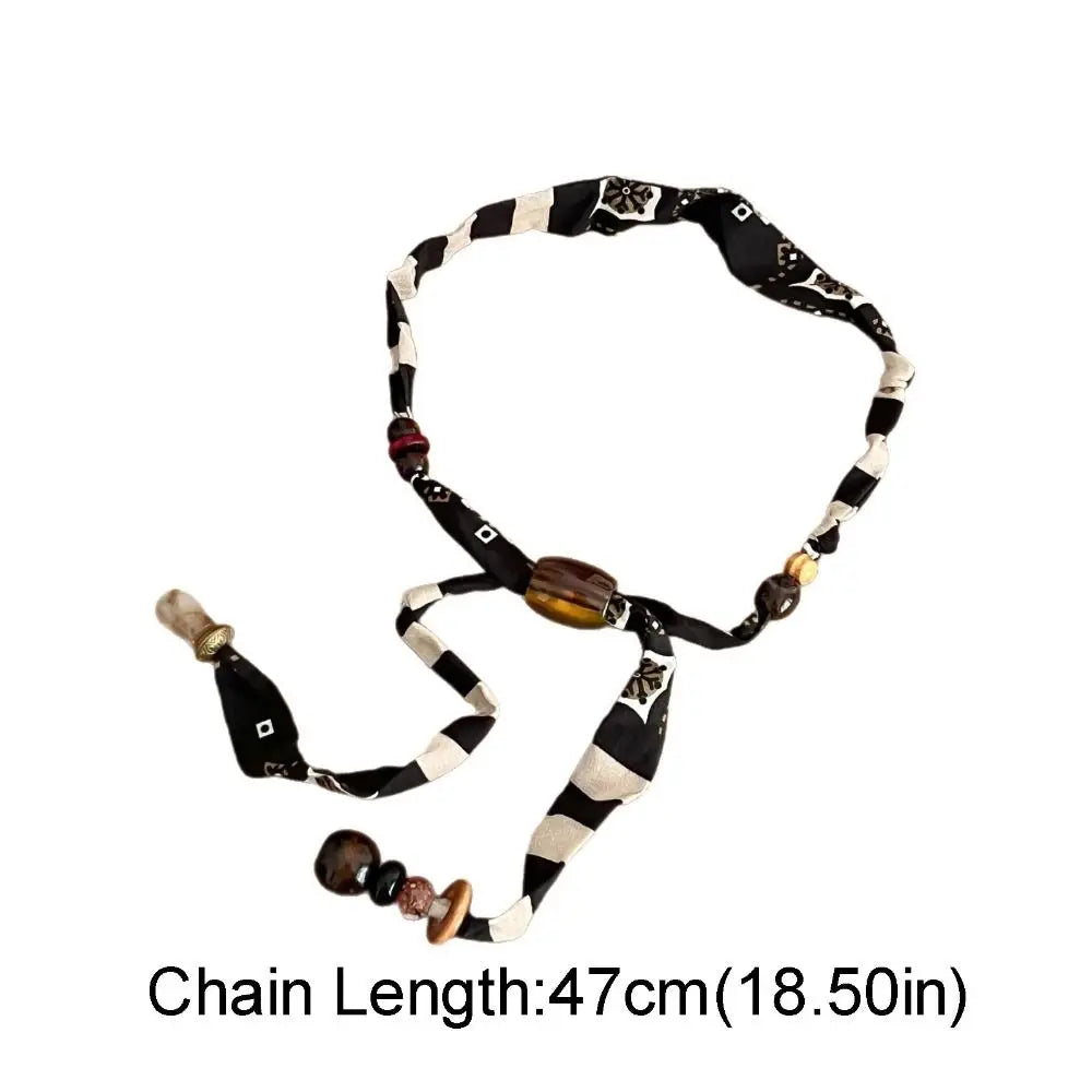 Strip Cloth Chain Necklace Clavicle Chain Multicolor Wood Bead Necklace Ethnic Style Jewelry Accessories Bohemian Choker Gift