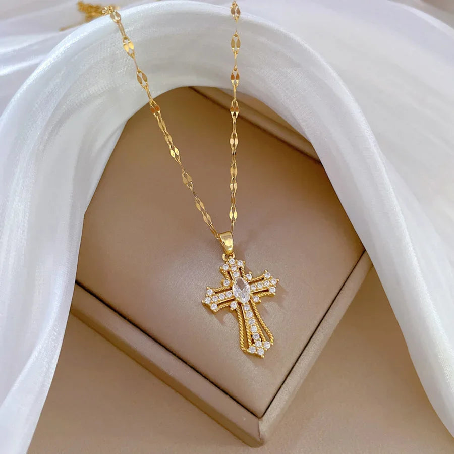 Elegant Women's Cross Necklace Choker Chain Titanium Steel Luxurious Versatile Fashion Jewelry Accessory