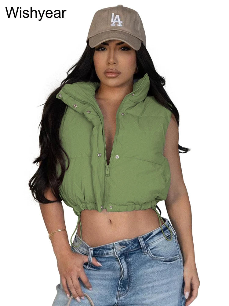 Winter Vest Cotton Padded Crop Top Women Clothing Sleeveless Stand Collar Zipper Adjustable Hem Jackets Cotton Coat Outwear New