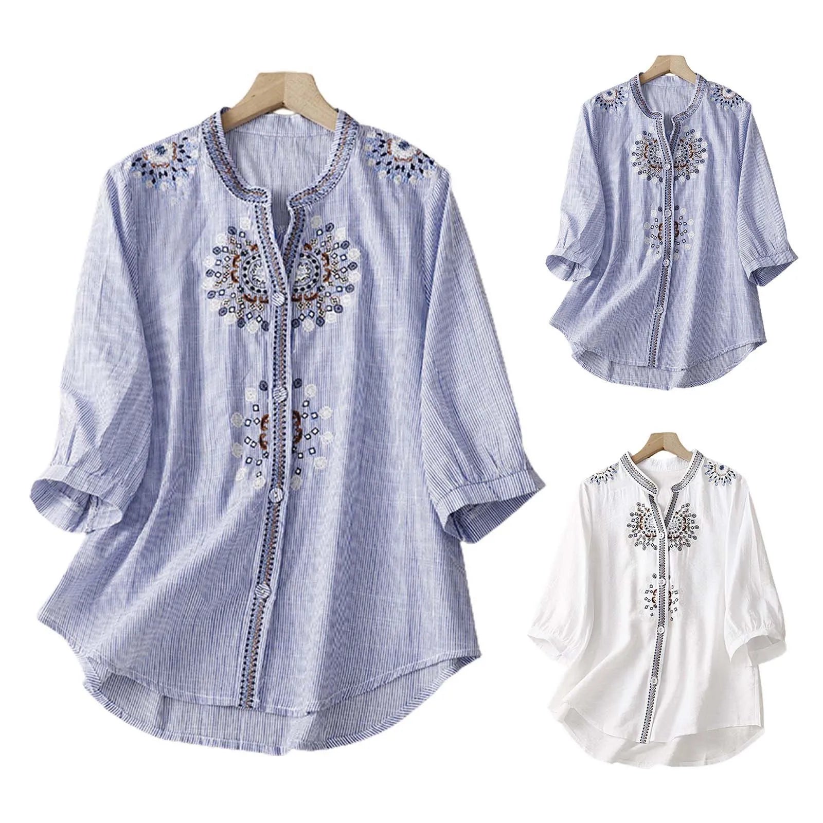Summer Women'S Vintage Embroidered T Shirts Cotton Linen Half Sleeve Shirt Blouse Retro Ethnic Style Loose Button Down Shirts