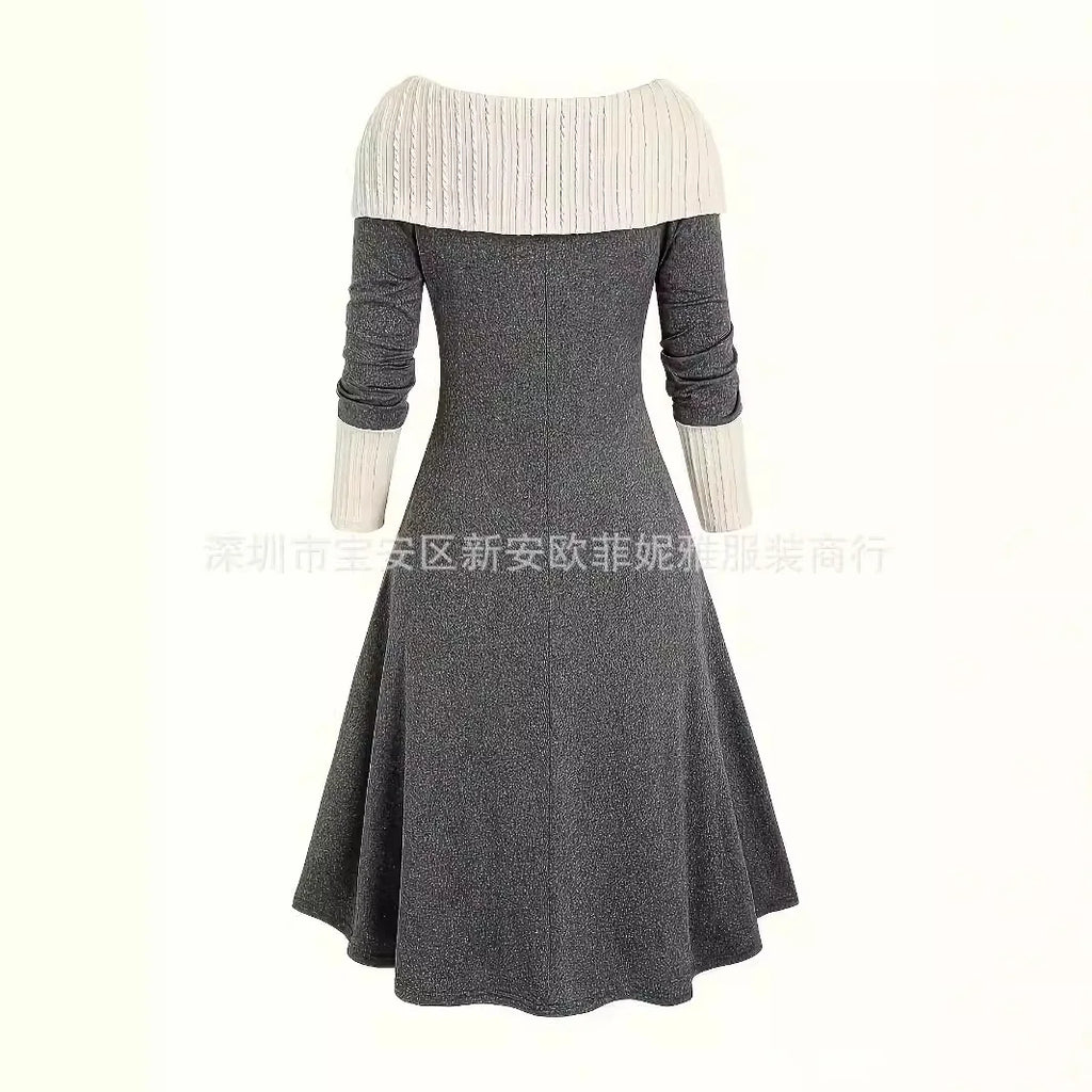 Fall Winter Women Dresses Elegant Temperament Colorblocked Dress Warm Long Sleeved Long Commuter Skirt for Female Dress 2025