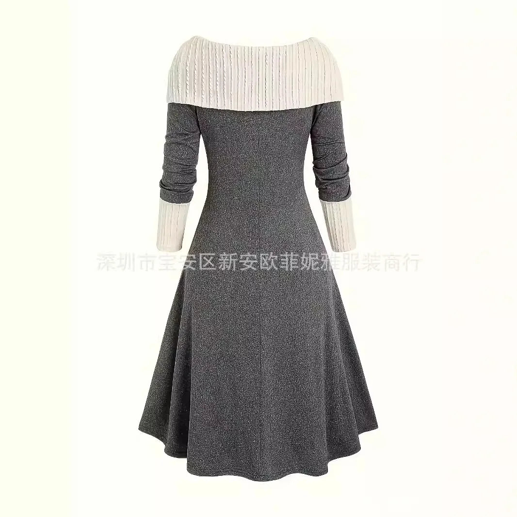 Fall Winter Women Dresses Elegant Temperament Colorblocked Dress Warm Long Sleeved Long Commuter Skirt for Female Dress 2025