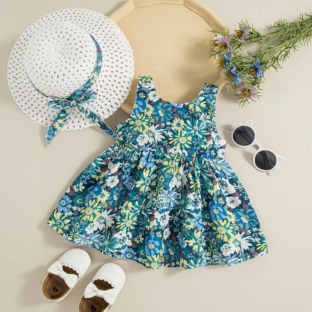 (2 Piece Dress) Summer New Girls Dress Set Floral Print + Hat Bow Ribbon Halter Sweet Princess Dress Birthday Party Team Dress