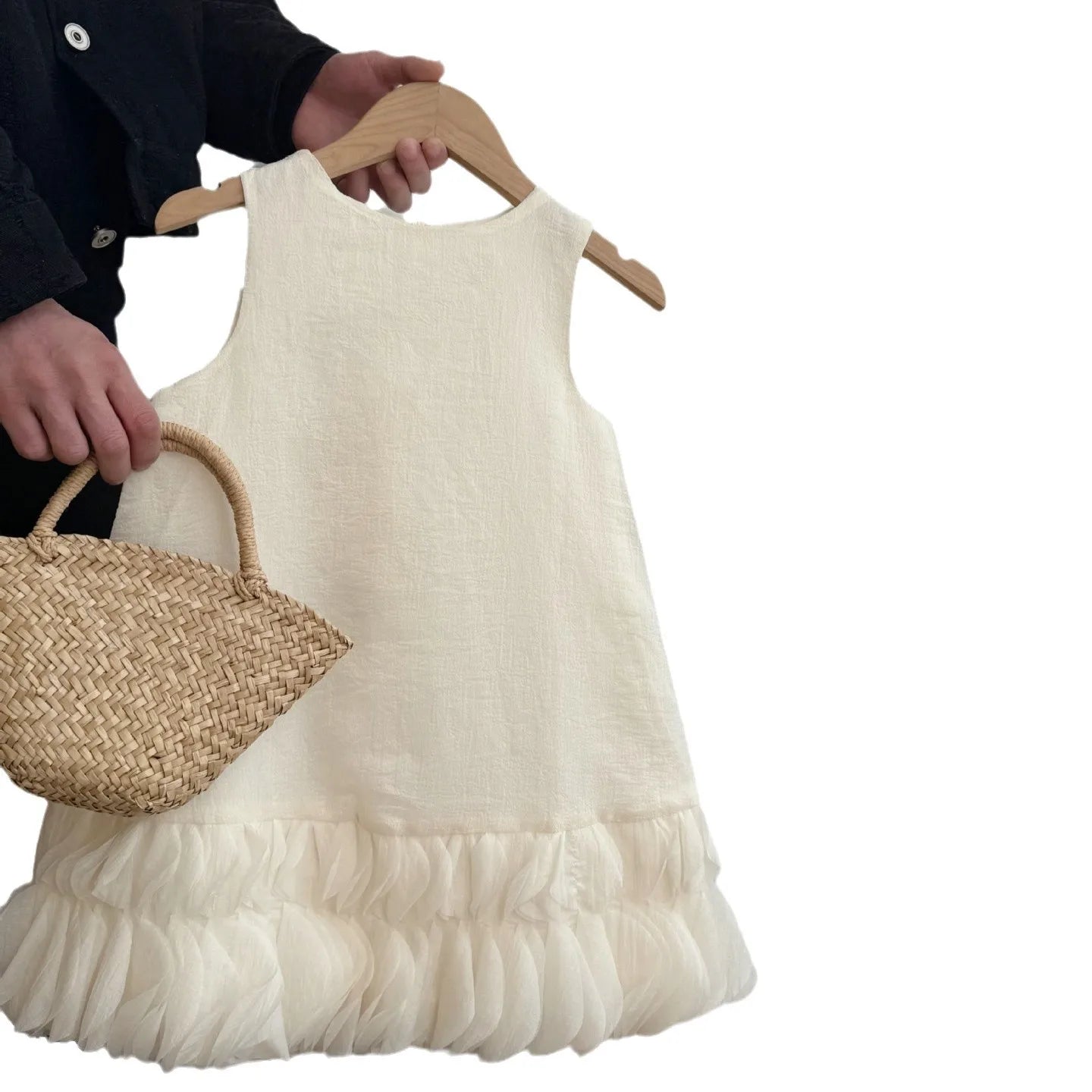 Girls Sleeveless Dress 2025 Spring and Summer New Korean Fashion Solid Color Mesh Flower Bud Princess Jumper Skirt