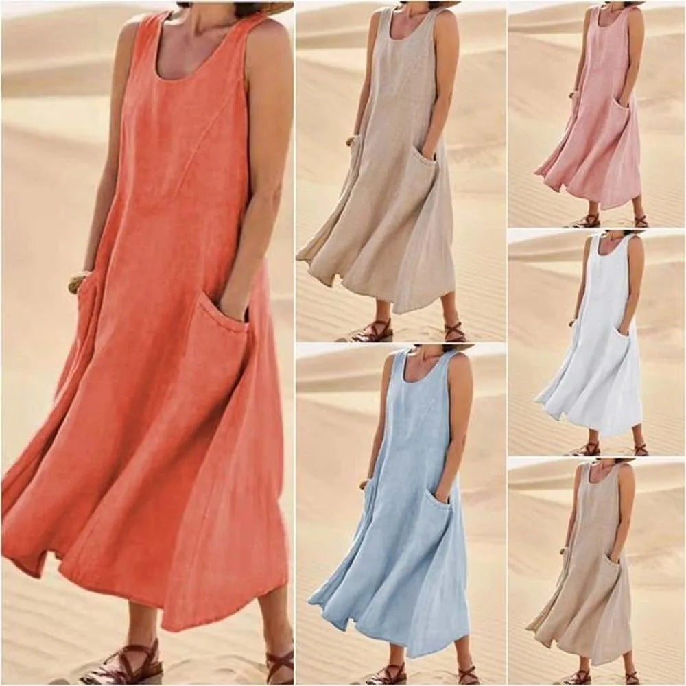 Women Coton Linen Sundress Summer Female Sleeveless Double Big Pocket Loose Sand Beachwear Long Dress Oversized S-5XL LRFZ-818