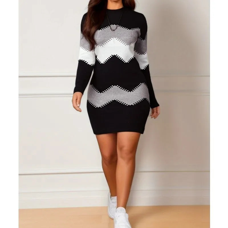 Autumn Fashion Round Neck Long Sleeve Printed Knitted Bag Hip Dress