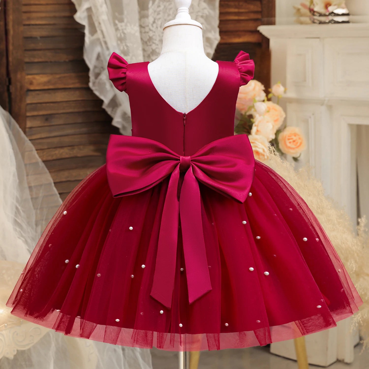 Girls Pearls Dress Elegant Princess Wedding Gown Kids Dresses For Girl Children Birthday Party Tulle Dress 3-8Yrs Vestidos