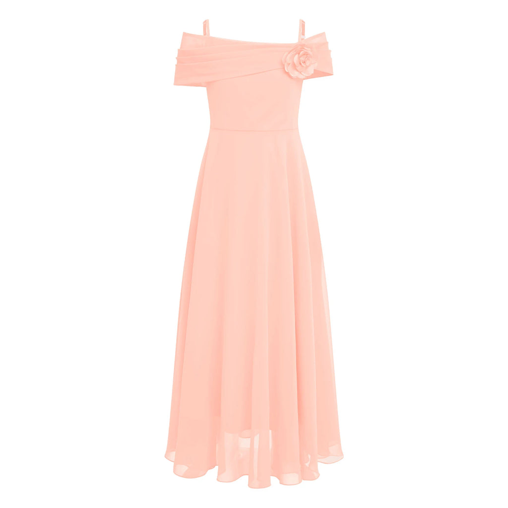 Kids Girls Elegant Party Dress Wedding Bridesmaid Birthday Prom Gown Off Shoulder Ruched 3D Flower Applique Chiffon Maxi Dresses