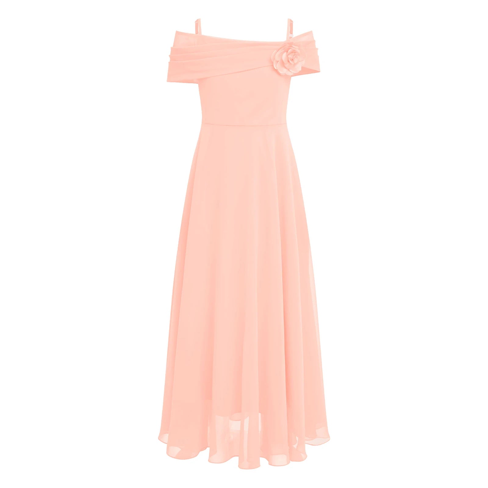 Kids Girls Elegant Party Dress Wedding Bridesmaid Birthday Prom Gown Off Shoulder Ruched 3D Flower Applique Chiffon Maxi Dresses