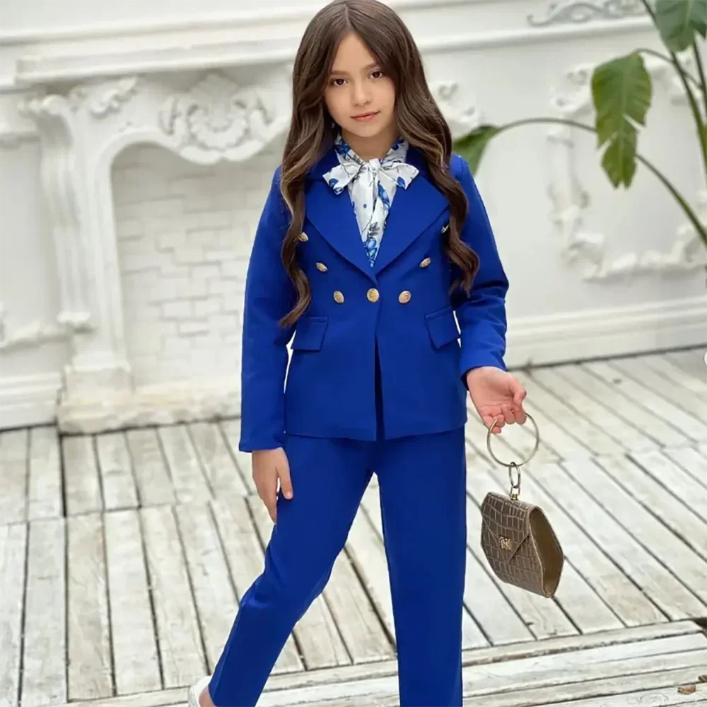 Girl Suits 2 Piece Elegant Daily Casual Fashion Kids Outfits Party Wedding Chic Double Breasted Notch Lapel Girl Clothes