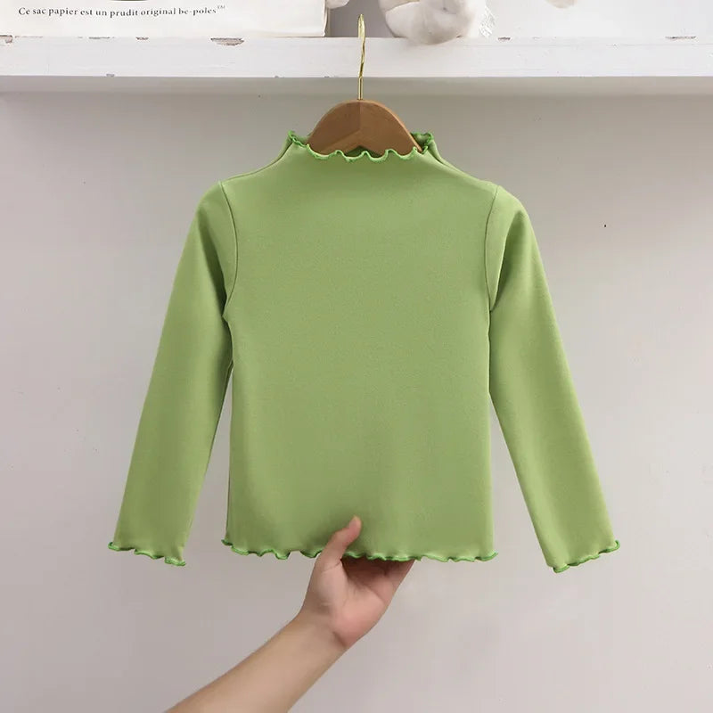 Children Clothing New Girls Base Shirt For Autumn and Winter Children Trendy Black Fungus Edge Solid Color Long Sleeved T-shirt