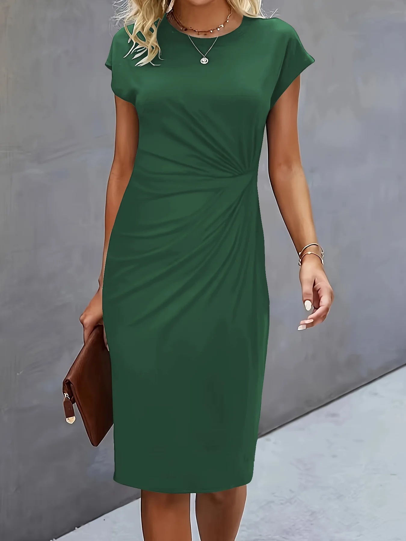 Women's casual dress tight dress front knot round neck medium-long dress fashion basic daily wear