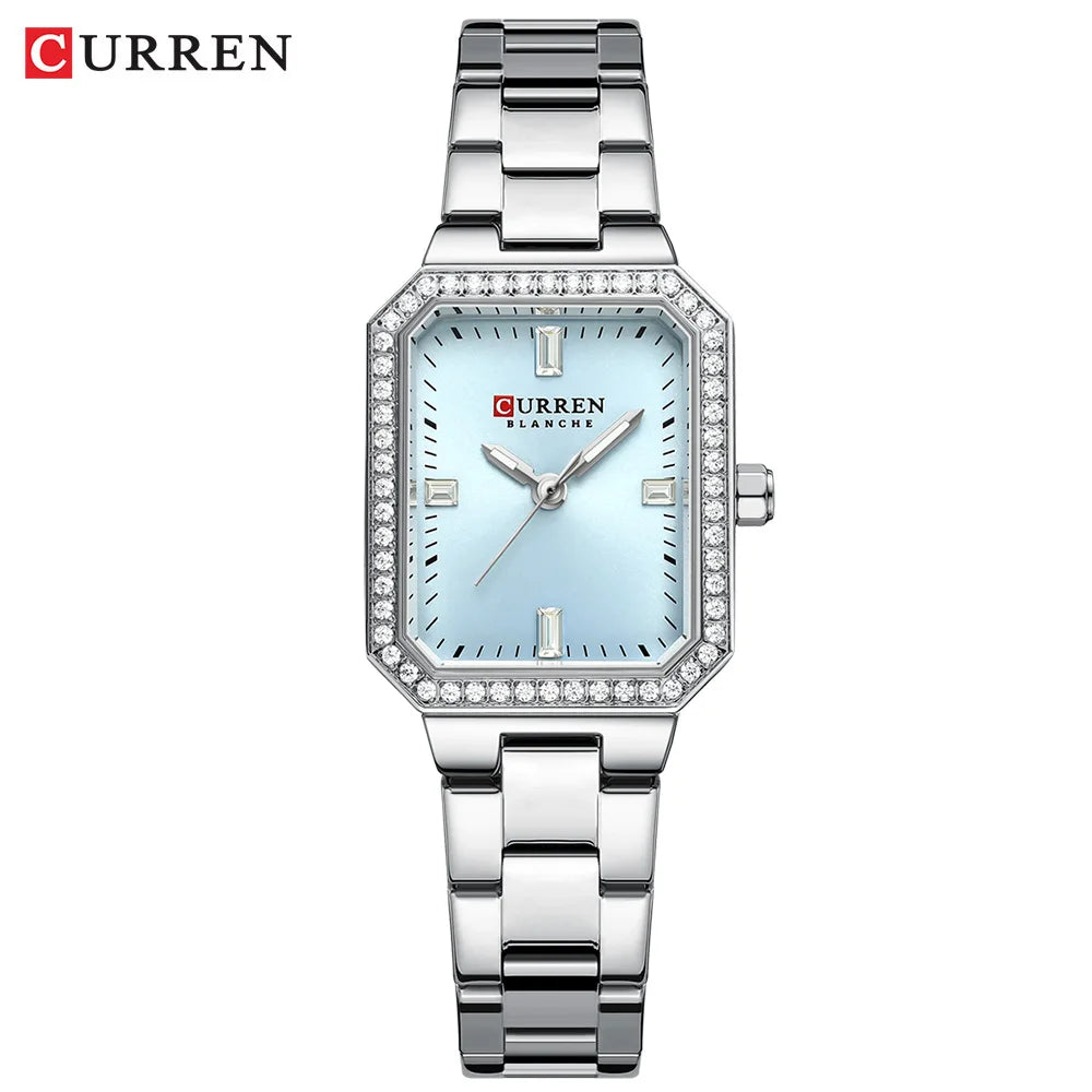 CURREN Luxury Brand Watches for Women Simple Rectangular Dial with Sparkling Rhinestones Casual Quartz Wristwatch with Luminous
