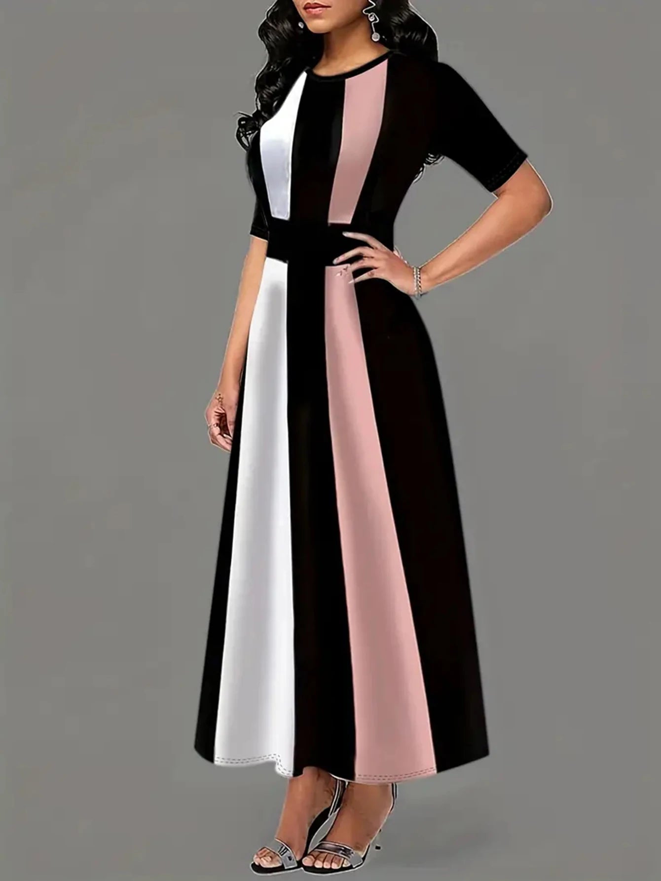 Color Block Crew Neck Dress, Vintage Short Sleeve Dress For Spring & Summer, Women's Clothing