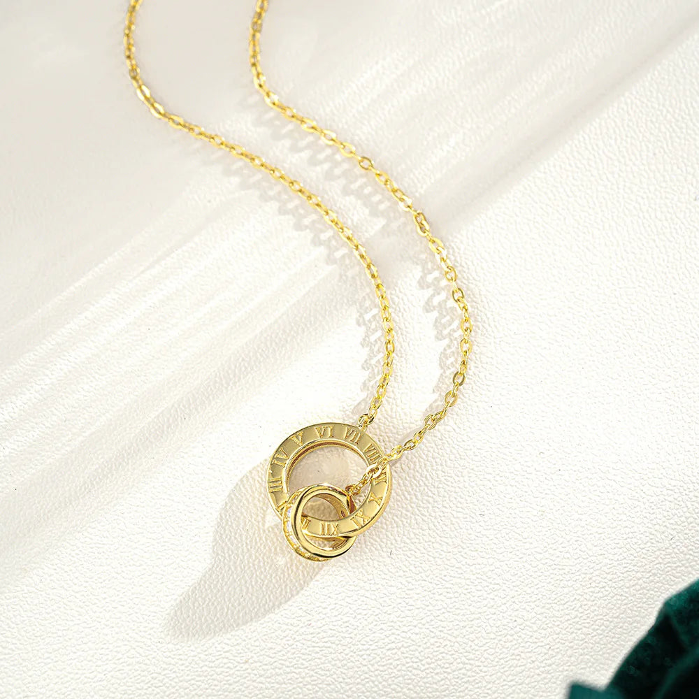 Luxury 100% Real 18k Gold Women's Roman Numeral Round Pendant with Moissanite Diamond Necklace