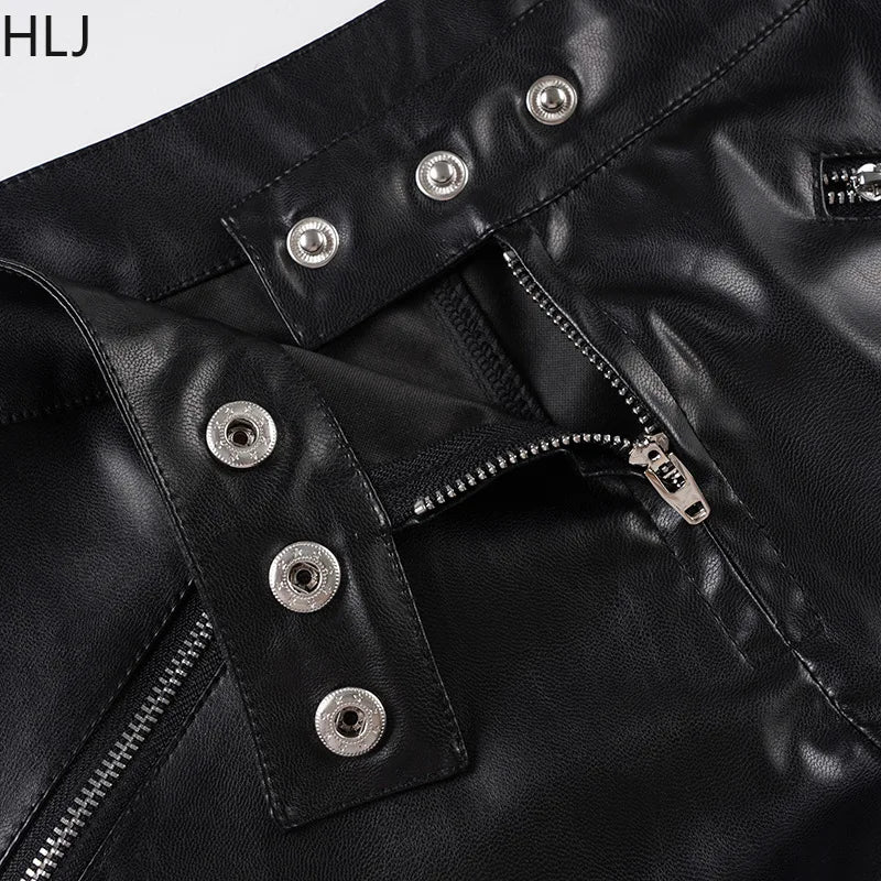 HLJ Black Fashion Feather Splicing Leather Two Piece Sets Women V Neck Long Sleeve Top+Shorts Outfits Trend Y2K 2pcs Streetwear