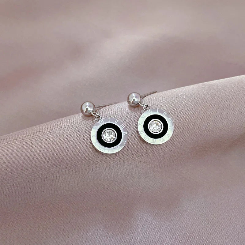 2023 Fashion Classic Roman Crystal Disc Pendant Stainless Steel Rose Gold Colour Earrings Women's Colorless Jewelry Accessories