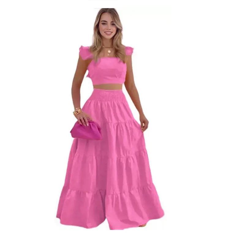 Dress Set Two-piece Women's Clothing Solid Color Sexy Suspender Large Swing Skirt Short Sleeved Square Neck Top Summer Outfits