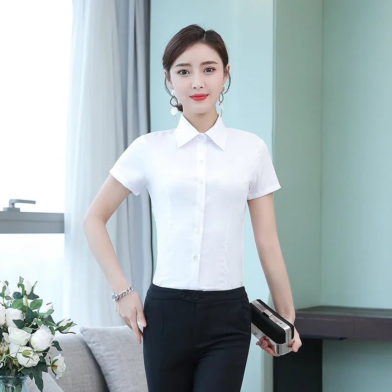 Fashion White Shirts Woman 2025 Autumn Short Sleeve Blouse Solid Ladies Tops OL Female Clothing  Basic Work Shirt Women's Blouse