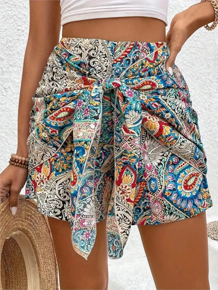 Vacation Style Woman Shorts 2025 Summer Trendy Latest Casual Vintage Boho Tribal Floral Printed High Waist Wide Leg Ladies Pants