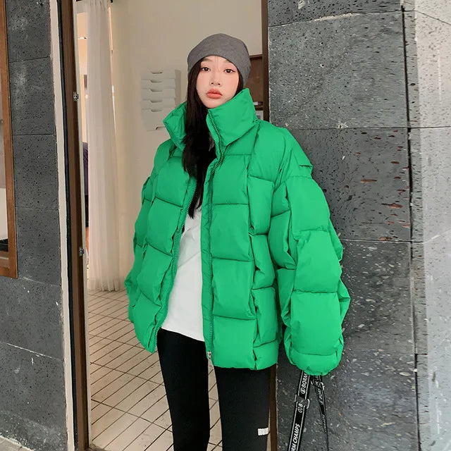 Winter Fashion Women Parkas Warm Down Cotton Coats Bubble Jacket Thick Knitted Loose Puffer Coat Stand Collar Female Outwear