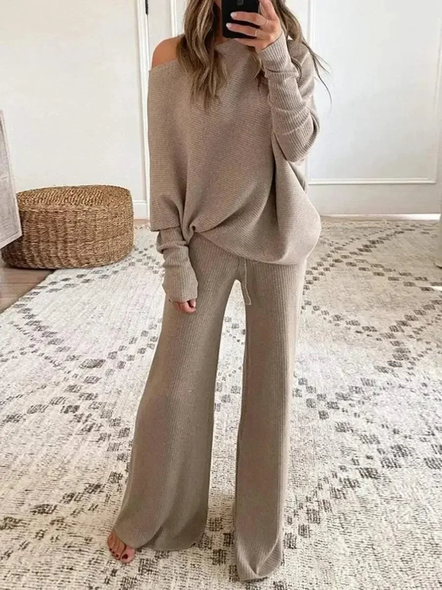 New Women's 2pcs Clothes Set Solid Color Round Neck Long Sleeve Casual Top & Loose Wide Leg Pants Home Wear
