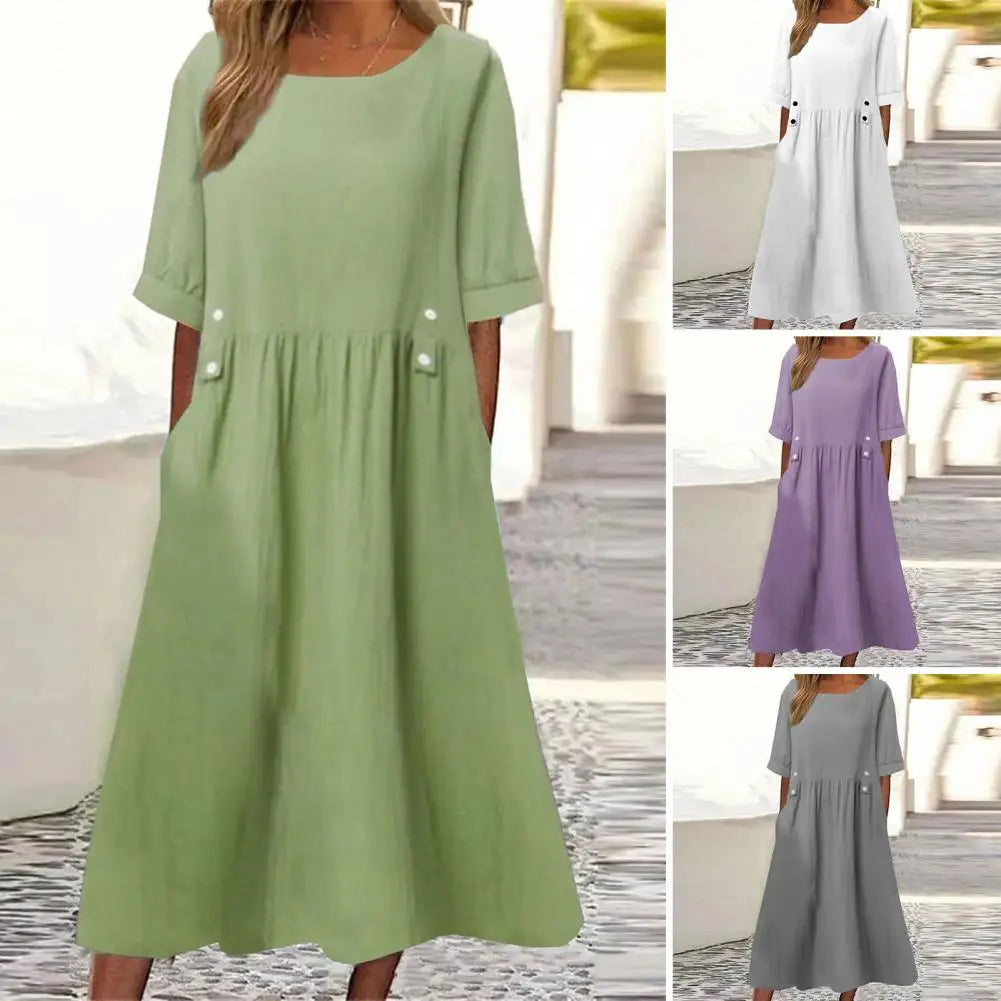 Loose Fit Dress Elegant Midi Dress with Pockets Button Decor for Women A-line Silhouette O Neckline Short Sleeves Solid Color
