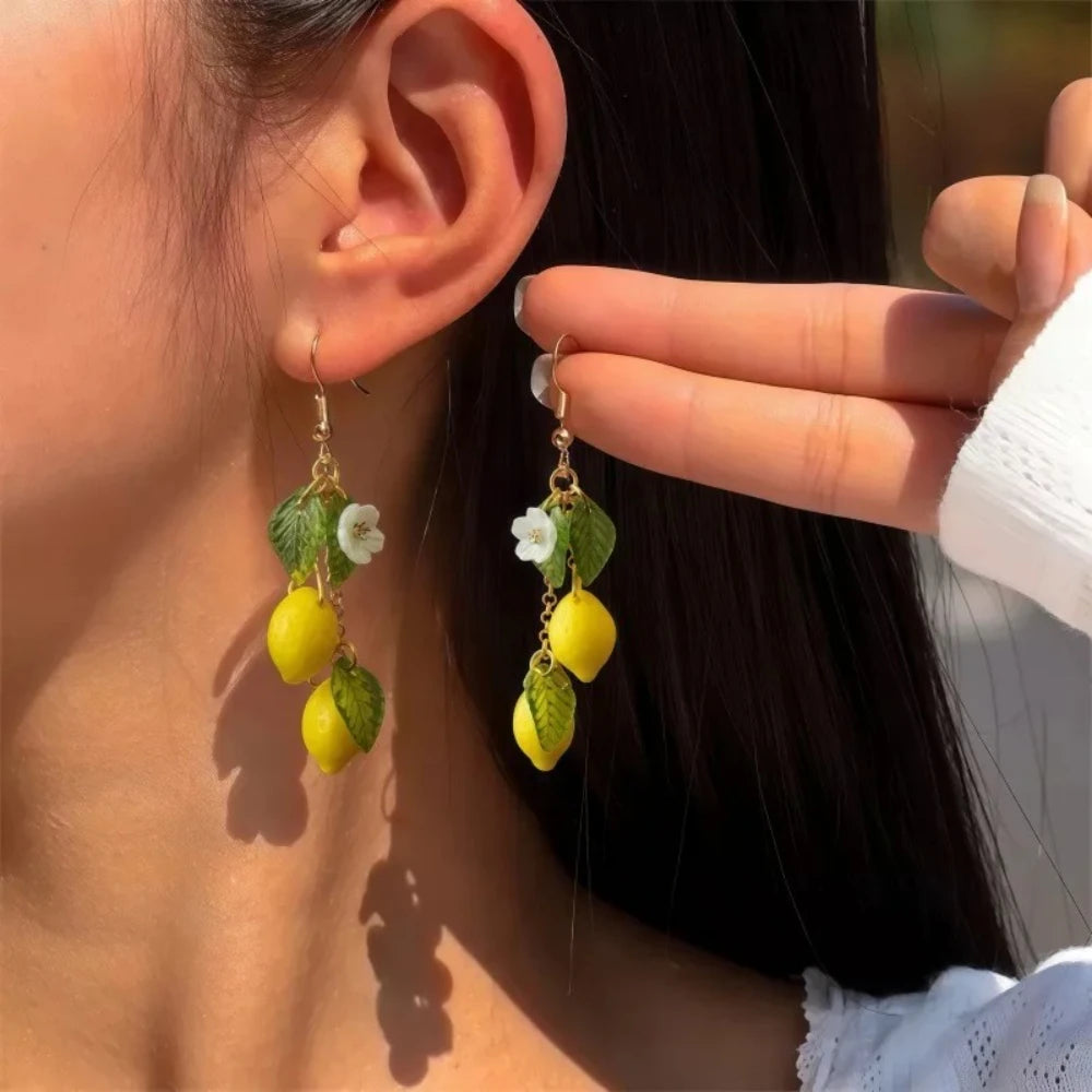 Fashion Cute Yellow Fruit Lemon Little Flower Green Leaf Pendant Metal Chain Adjustable Necklace for Women Summer Jewelry Gifts
