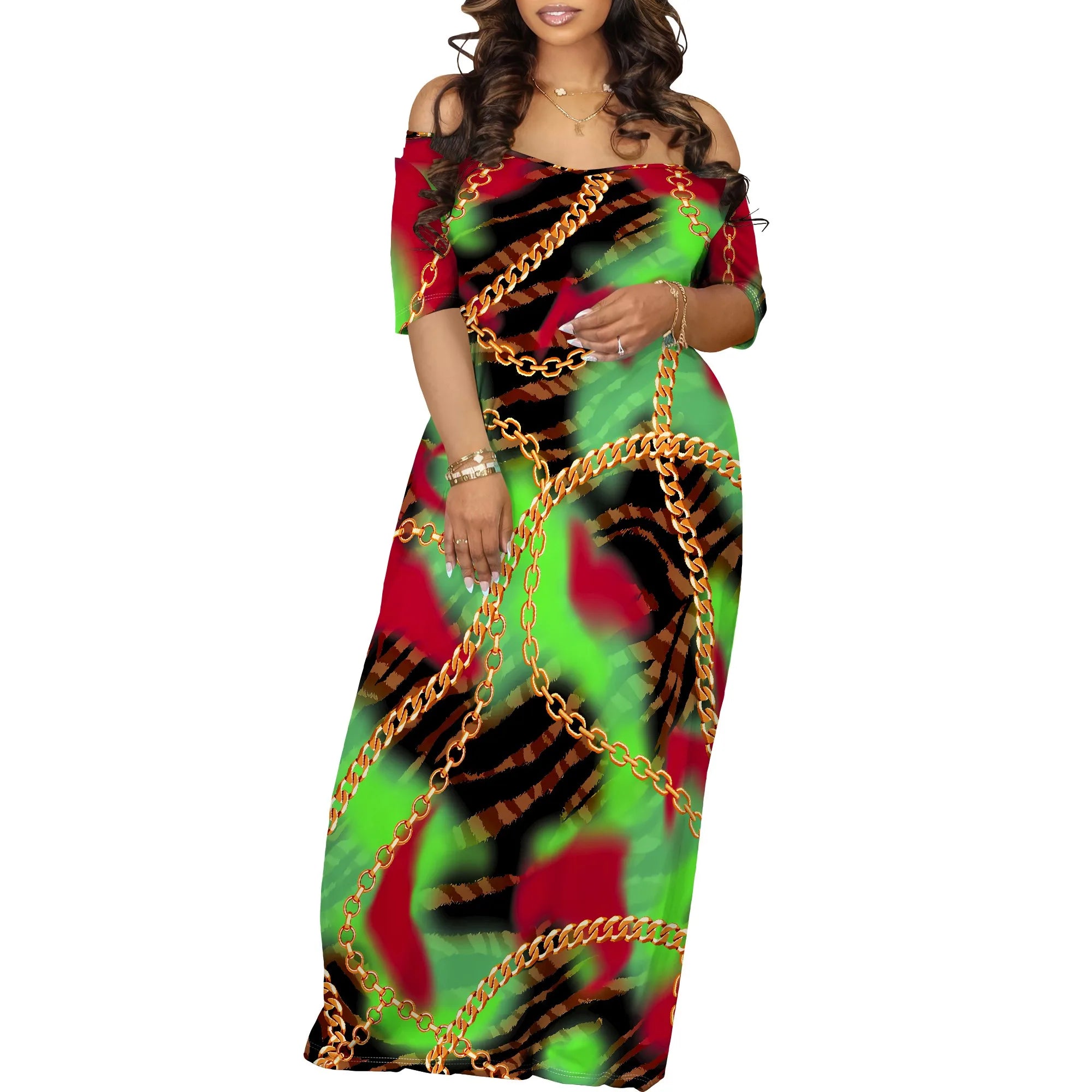 Women's Fashion  Printed Short Sleeve Long Dress Sexy Off Shoulder Backless Bodycon Split Cocktail Party Dress ﻿