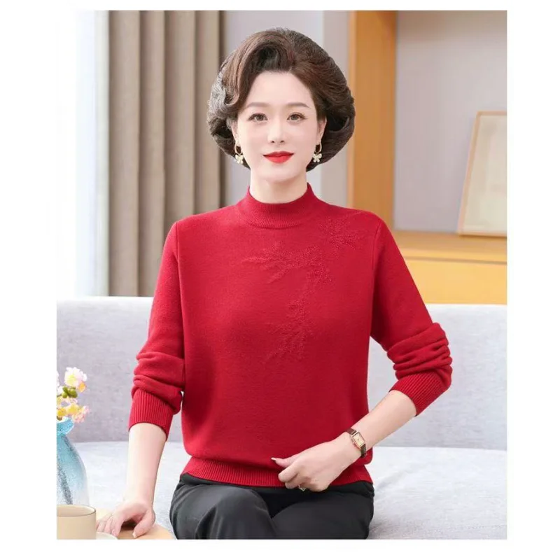 Winter Mother Dress Plus Velvet Thickened Sweater for Women Middle-aged Elderly Fashionable Knitted Base Top