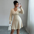 Autumn Women's Dresses Long Sleeve V Neck Elegant Office Dress For Women New Winter Fashion Solid Color Slim A Line Dress Female