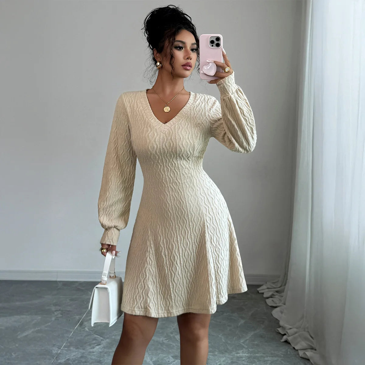 Autumn Women's Dresses Long Sleeve V Neck Elegant Office Dress For Women New Winter Fashion Solid Color Slim A Line Dress Female