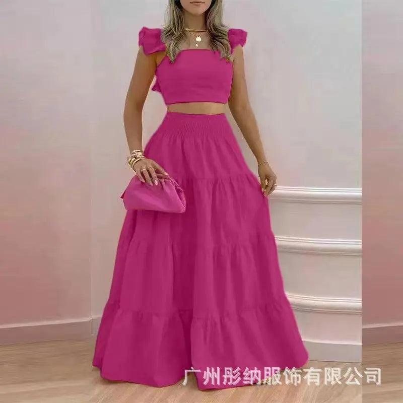 Dress Set Two-piece Women's Clothing Solid Color Sexy Suspender Large Swing Skirt Short Sleeved Square Neck Top Summer Outfits