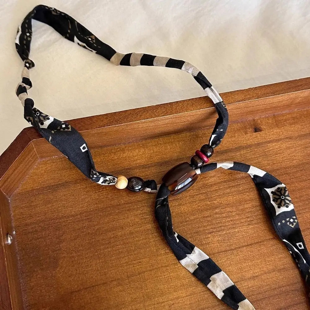 Strip Cloth Chain Necklace Multicolor Ethnic Style Wood Bead Necklace Clavicle Chain Jewelry Accessories Bohemian Choker Gift