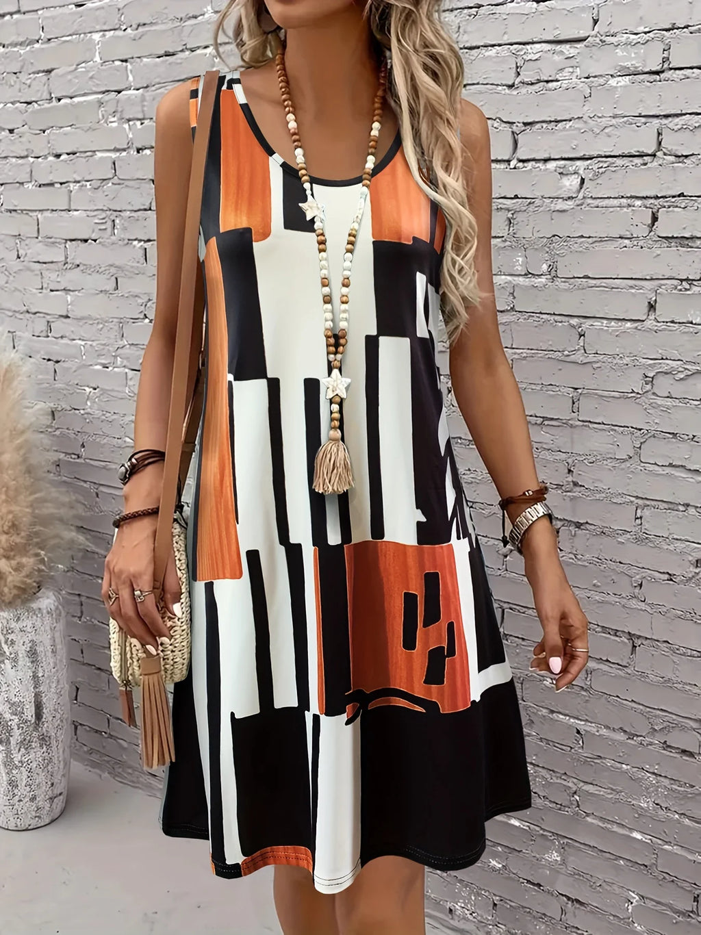 Spring&Summer Women's Geometric Pattern Sleeveless Dress For Summer Vacation,dresses for women summer，Women Bohemia Midi Dresses