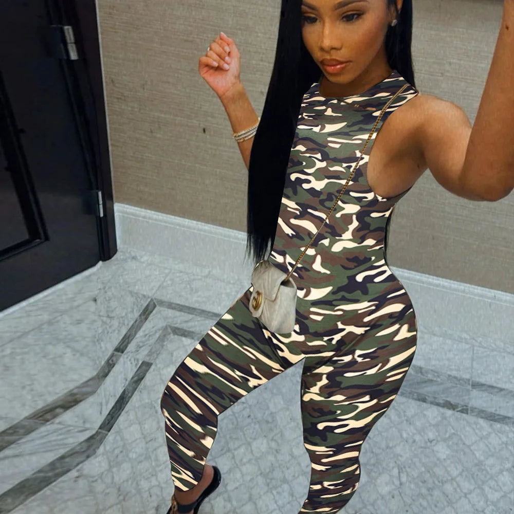 Women Fashion Camouflage Print Skinny Jumpsuits O Neck Sleeveless Slim Casual Streetwear Overalls Club Rompers Fitness Jumpsuit