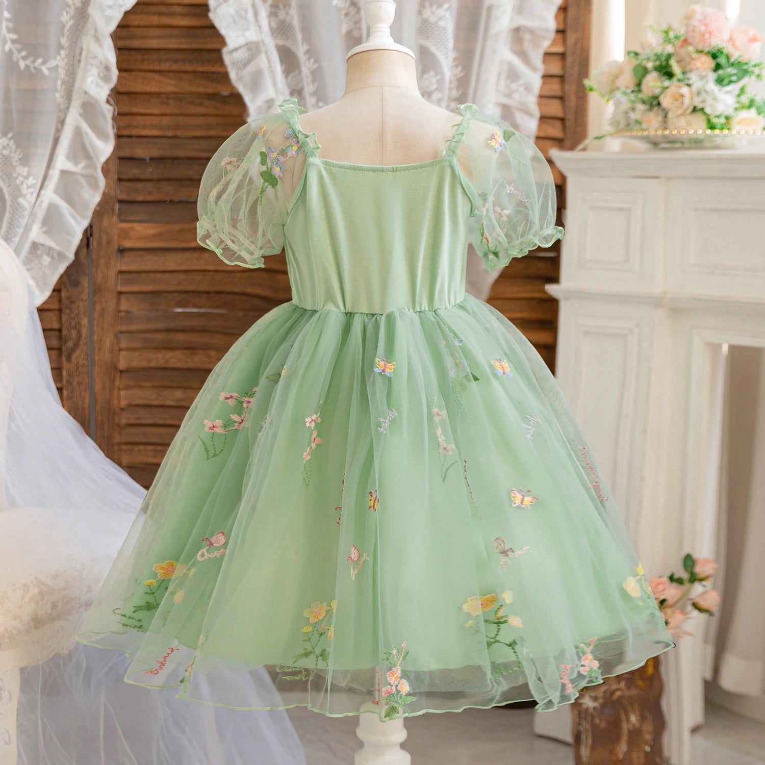 Baby Girl Party Dress for 1-5 Years Infant Butterfly Dresses Kids Green Embroidery Floral Dress 2025 Summer Tulle Princess Dress