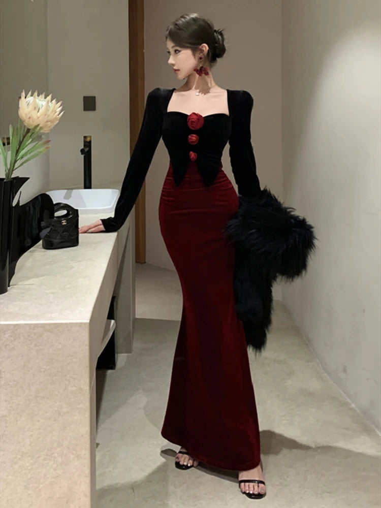 Autumn Winter Dresses Women Elegant Sexy Square Collar Slim Long Sleeve Vintage Velvet Dress Female French Style Chic