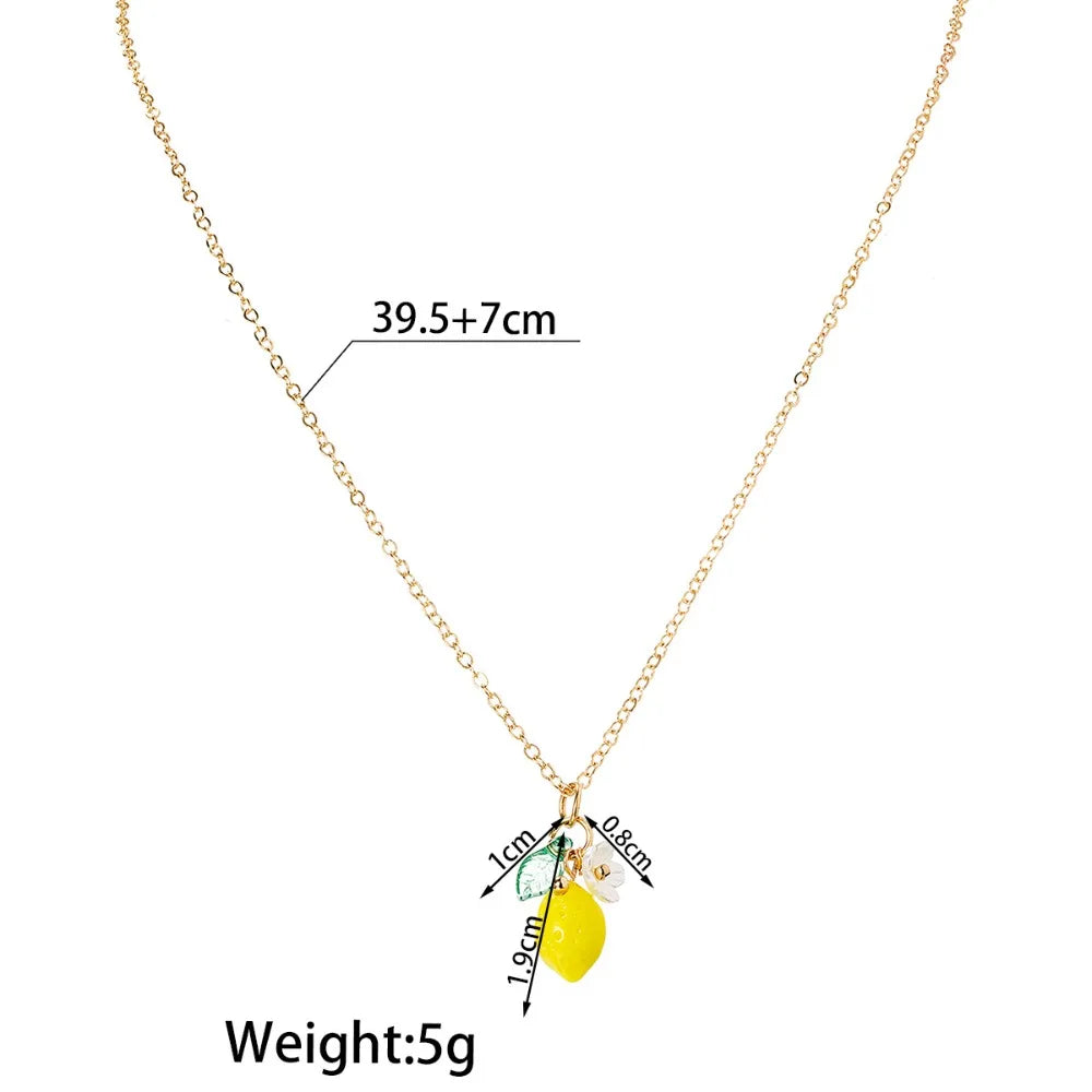 Fashion Cute Yellow Fruit Lemon Little Flower Green Leaf Pendant Metal Chain Adjustable Necklace for Women Summer Jewelry Gifts