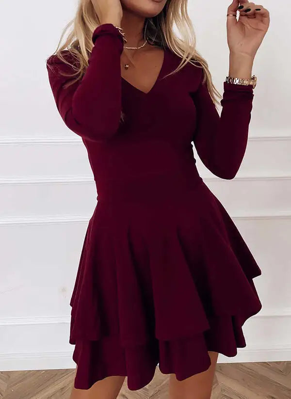 2024 NEW Autumn V-Neck Solid Color Fashion Mid Waist Pullover Panel Bottom Fashion Versatile Style Long Sleeve Women's Dress