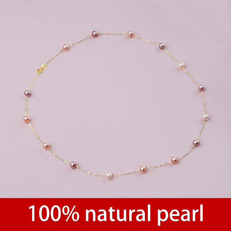 NYMPH Real 18K Gold Natural Pearl Necklace Au750 Fine Jewelry Near Round Aniversary Gift For Women Mix Color X321-1