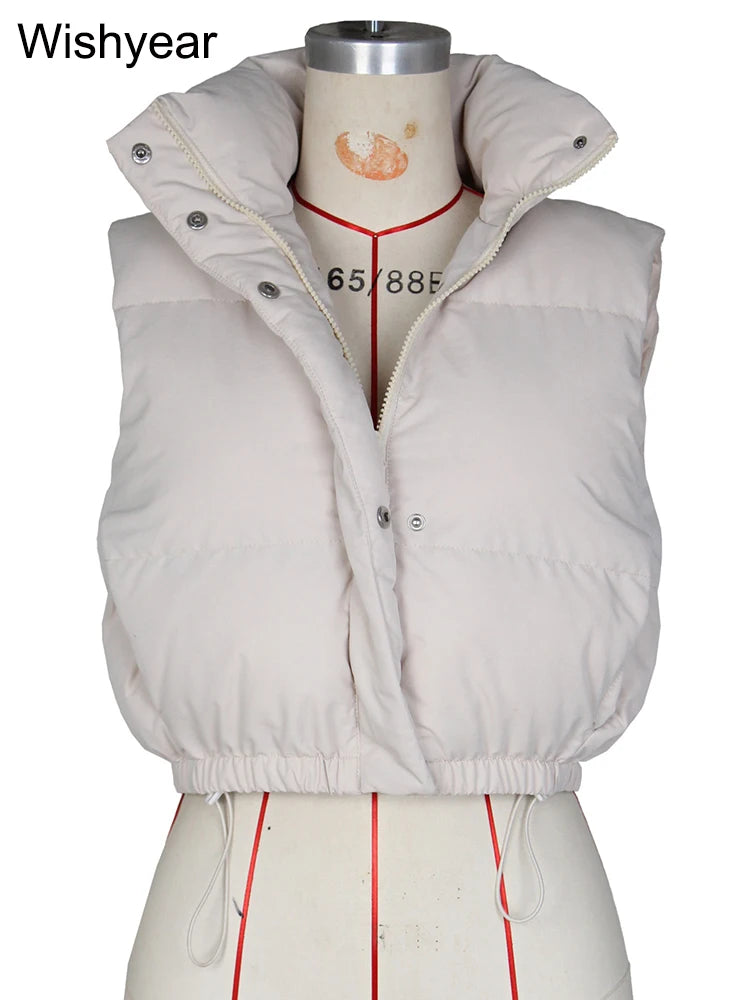 Winter Vest Cotton Padded Crop Top Women Clothing Sleeveless Stand Collar Zipper Adjustable Hem Jackets Cotton Coat Outwear New