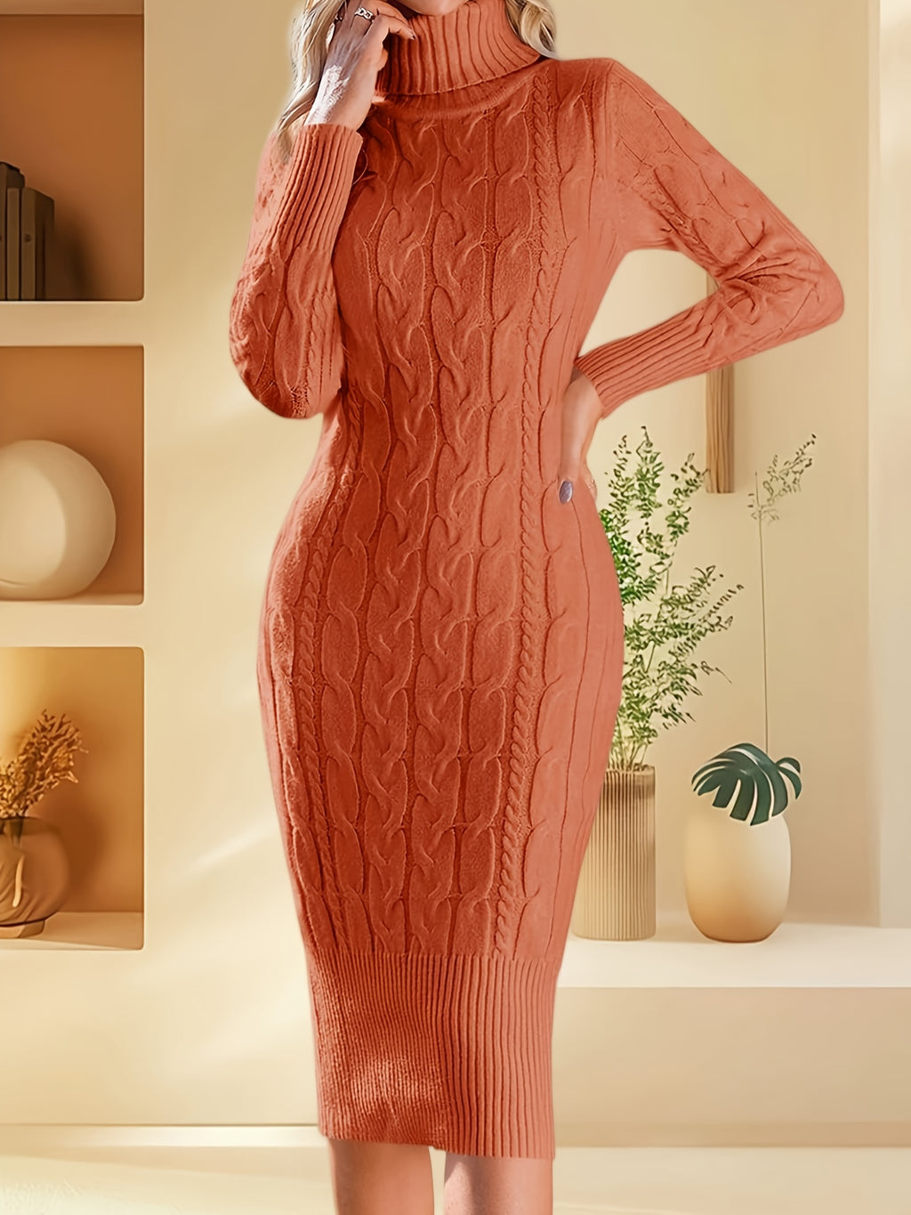 Women's Stretchy Sweater Dress - Long Sleeve Bodycon Midi, Elegant Turtleneck Party to Casual Outfit in Lavender Purple - Machine Washable Fall Winter Dresses for Women