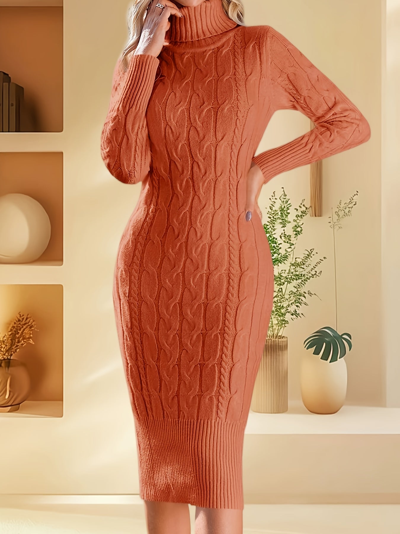 Women's Stretchy Sweater Dress - Long Sleeve Bodycon Midi, Elegant Turtleneck Party to Casual Outfit in Lavender Purple - Machine Washable Fall Winter Dresses for Women