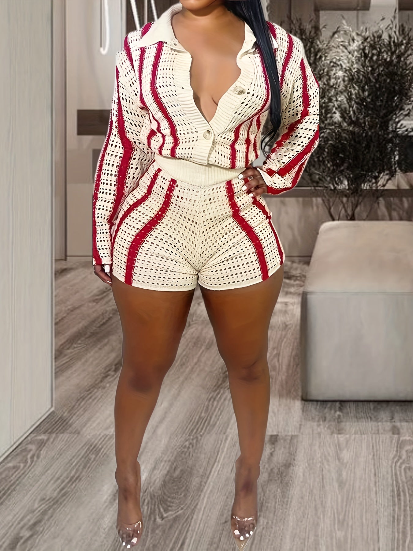 Two-Piece Color Block Knitted Pantsuit - Women's High Waist Shorts Outfits with Button Front Long Sleeve Top and Comfortable Fit